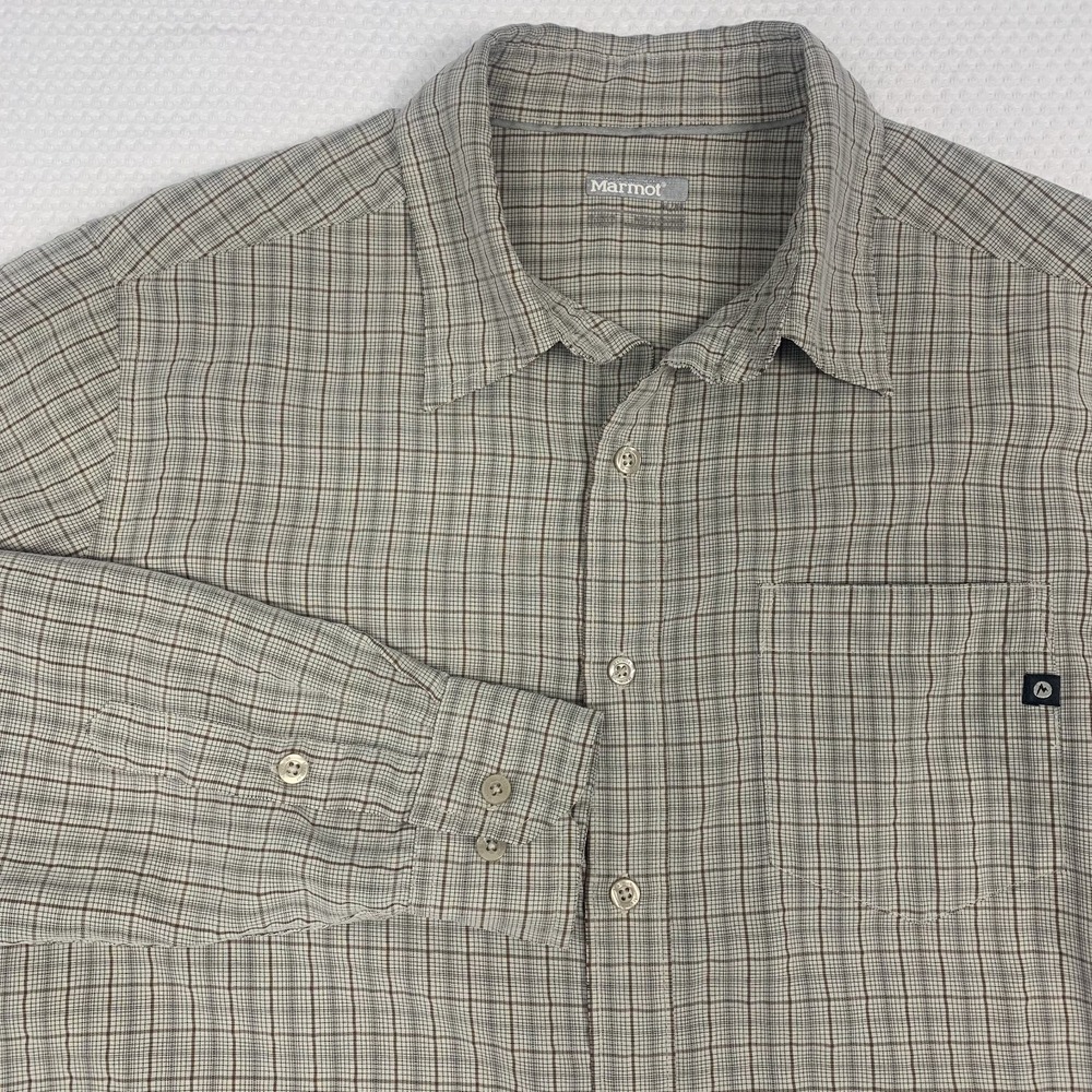 Marmot Micro Plaid Shirt Men’s Medium Brown Cream Long Sleeve Button Up